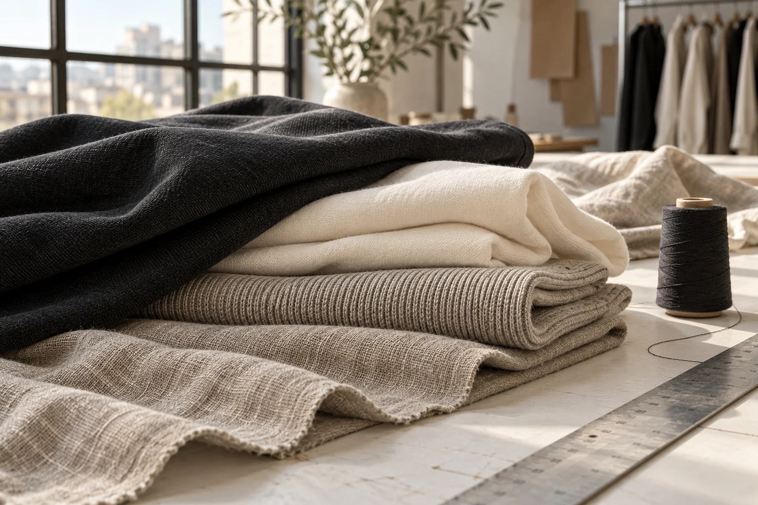 Illustrative neutral cotton jersey, rib and linen swatches