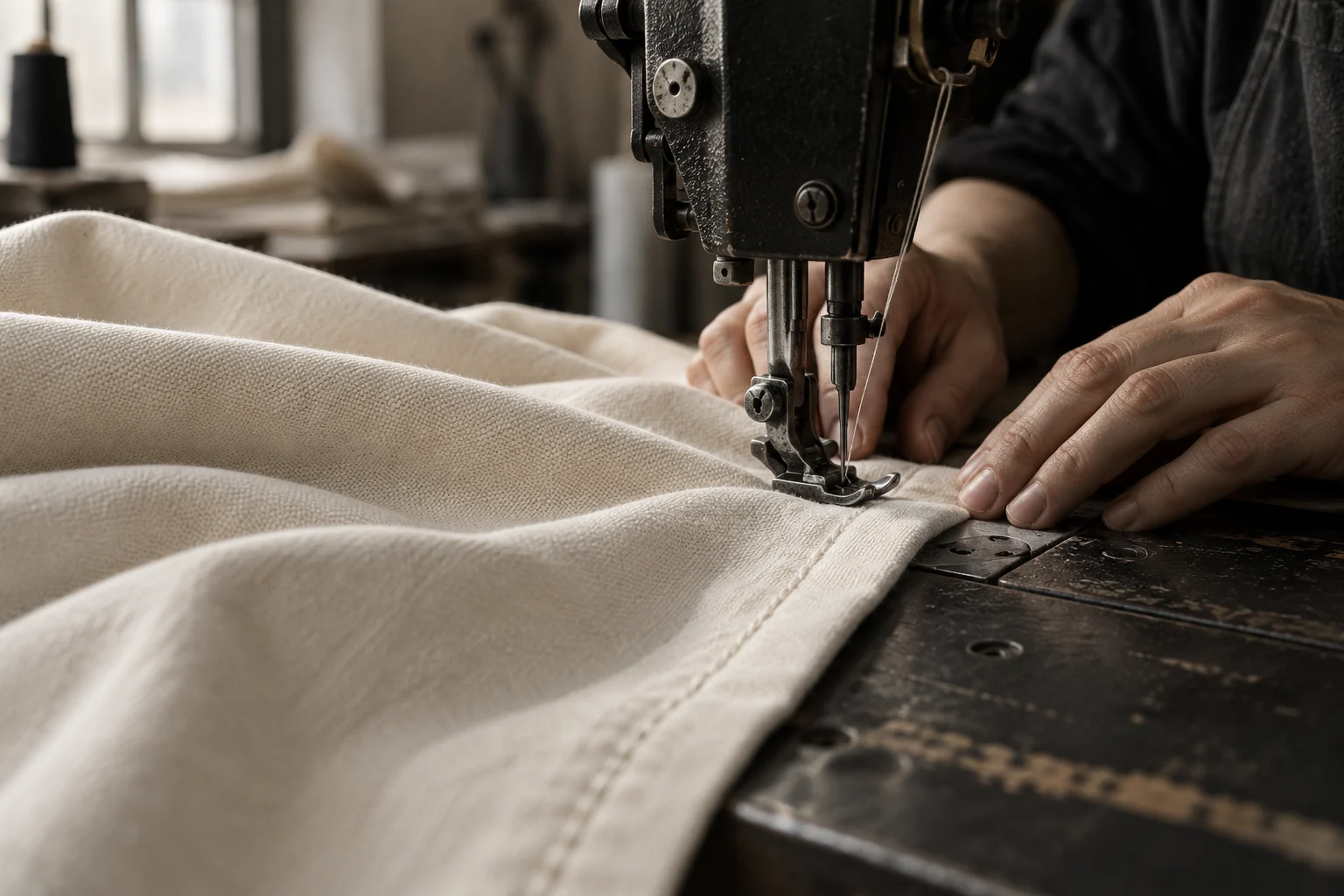 Editorial illustration of industrial stitching on ivory cotton